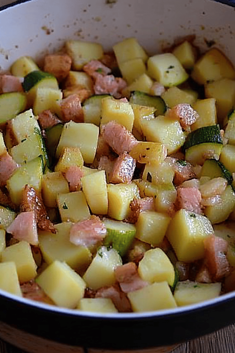 Poelee de pommes de terre et courgettes au jambon Final Dish Presentation