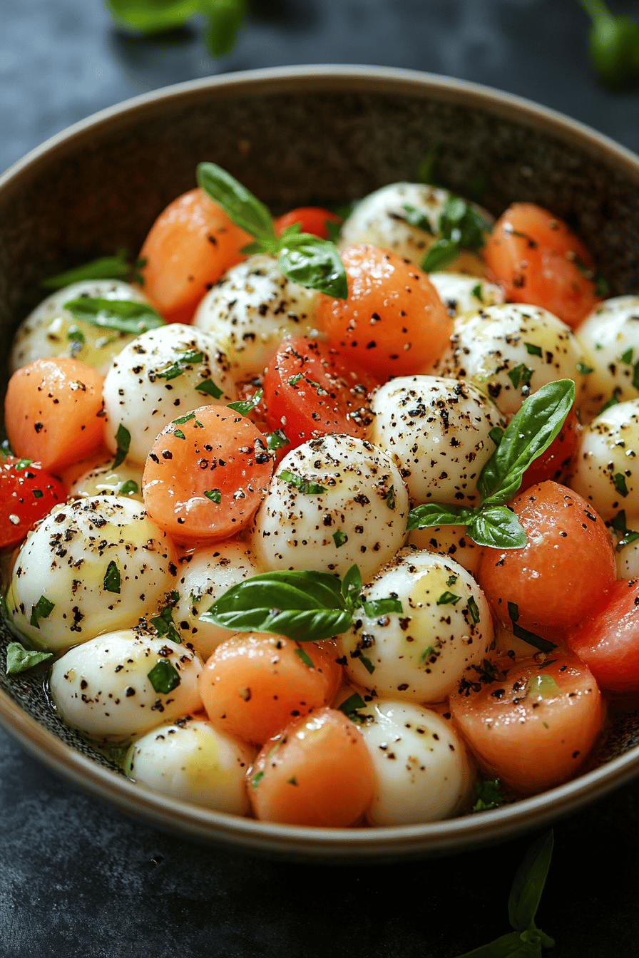 Salade Melon-Mozzarella Façon Caprese Final Dish Presentation