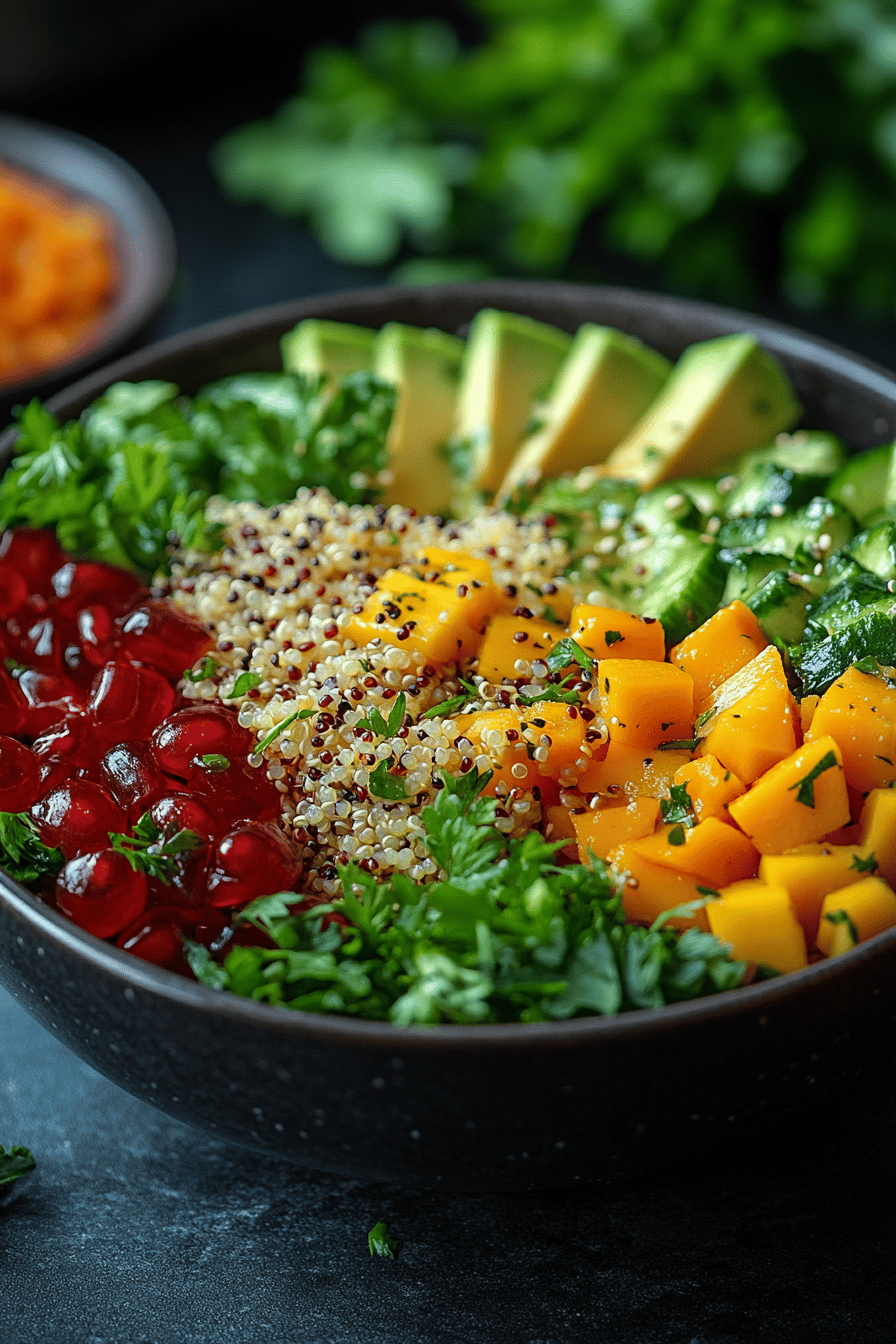 Salade Printanière de Quinoa Avocat Mangue et Roquette Final Dish Presentation
