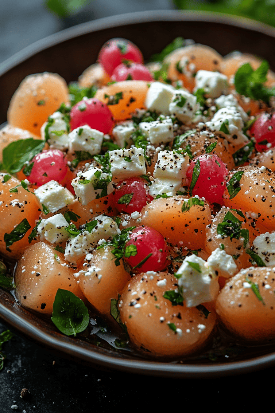 Salade d'Été Melon Pastèque Feta & Menthe Final Dish Presentation