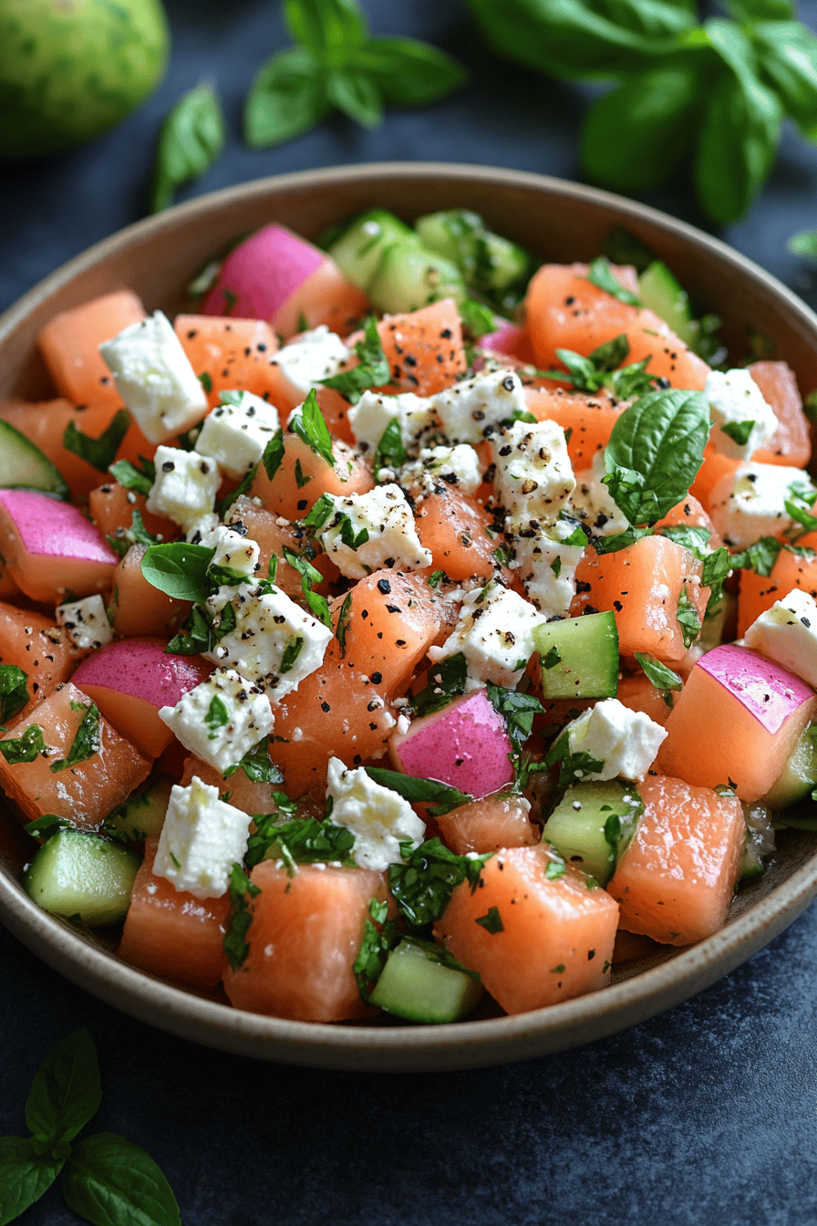 Salade d'Été Melon Pastèque Feta & Menthe Final Dish Presentation