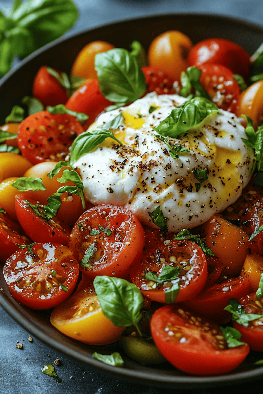 Salade d'été Burrata et Tomates Multicolores en 5 Minutes Final Dish Presentation