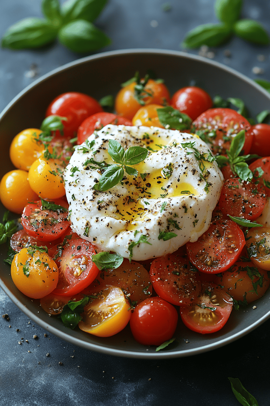Salade d'été Burrata et Tomates Multicolores en 5 Minutes Final Dish Presentation