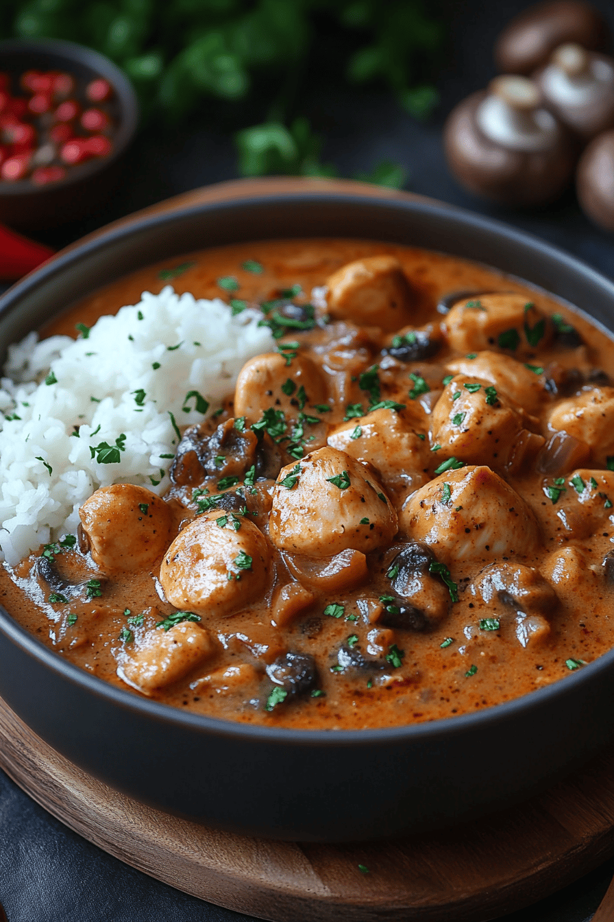 Stroganoff de poulet aux champignons délice russe Final Dish Presentation